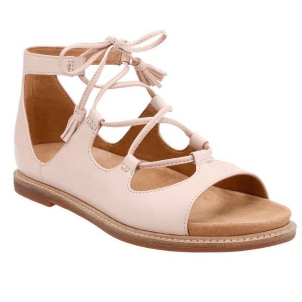 CLARKS Artisan Corsio Dallas Ghillie Lace Up Gladiator Sandals Tassel In Nude 10